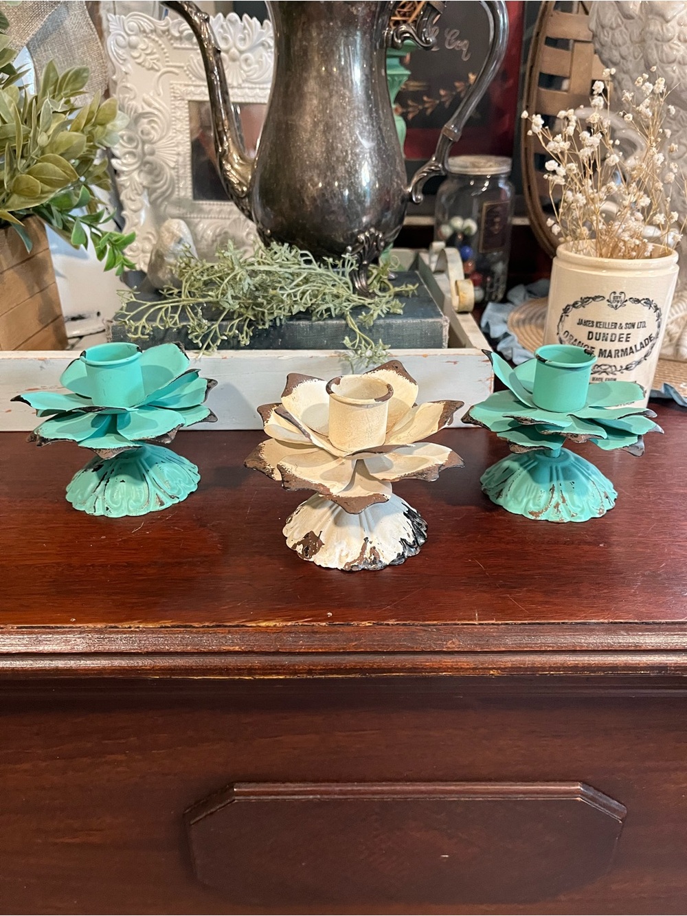Rustic Floral Metal Candle Holders - Turquoise & Cream Set Distressed
